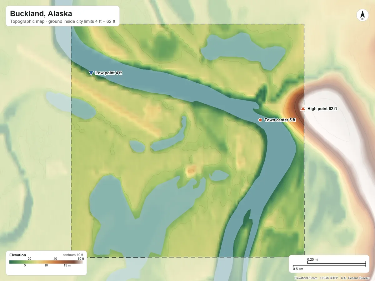 Topographic elevation map of Buckland, Alaska, shaded from 4 ft on the west side to 62 ft on the east side