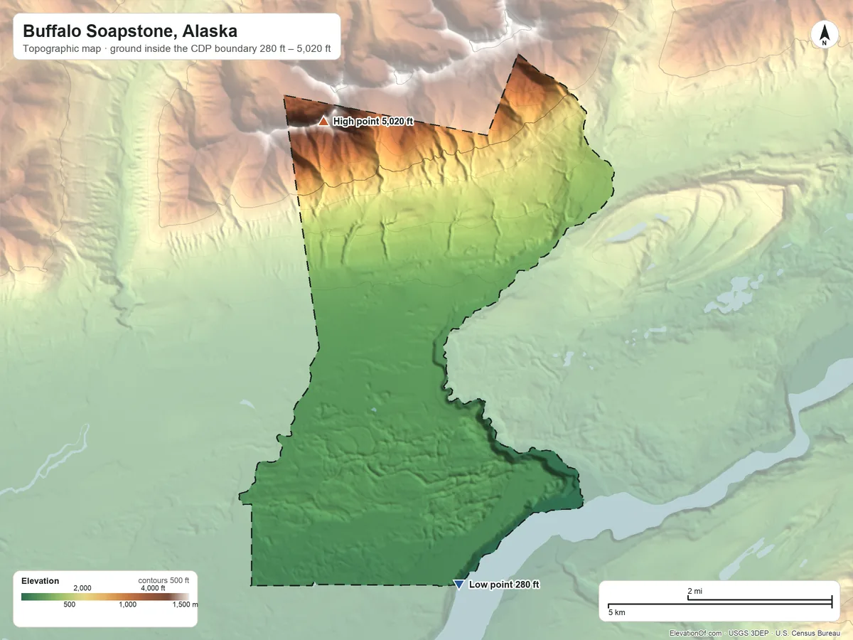 Topographic elevation map of Buffalo Soapstone, Alaska, shaded from 280 ft on the southeast side to 5,020 ft on the north side