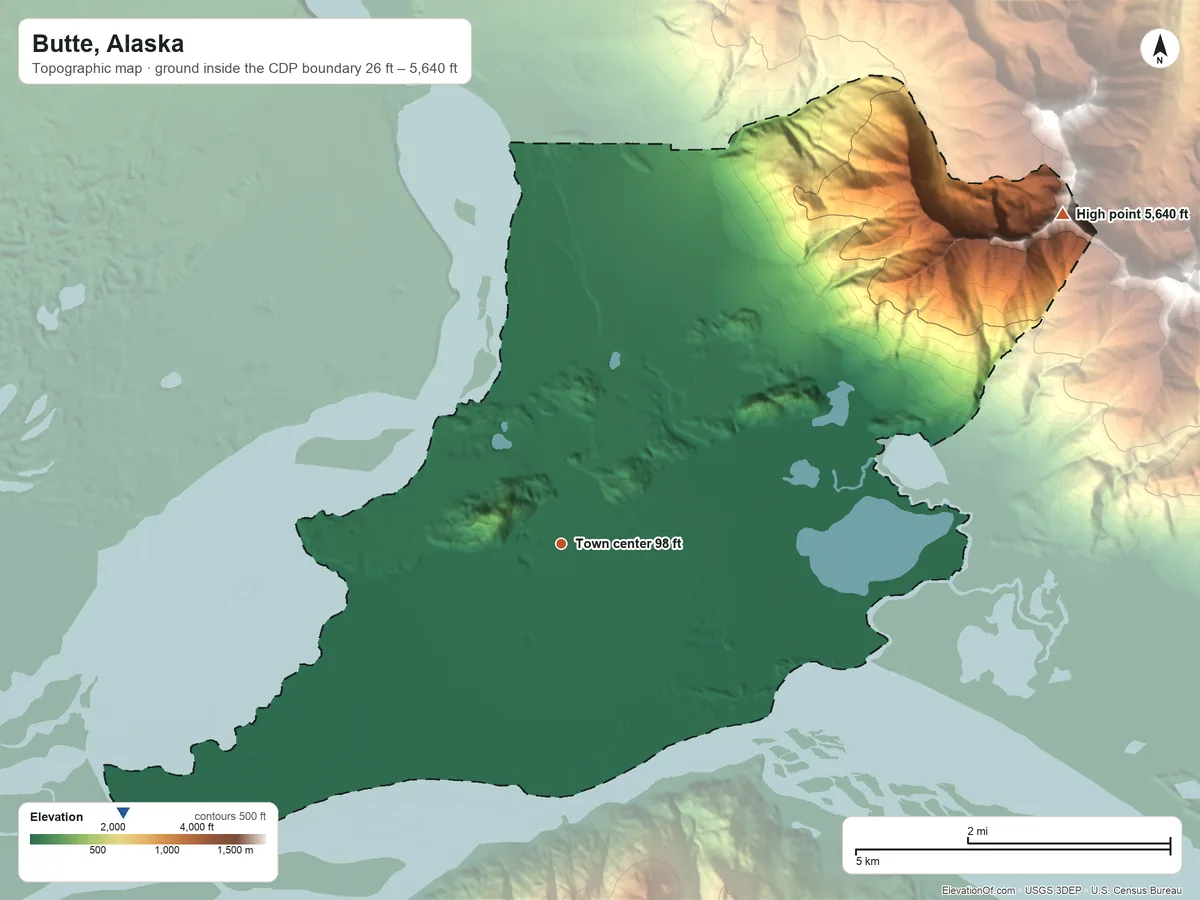 Topographic elevation map of Butte, Alaska, shaded from 26 ft on the southwest side to 5,640 ft on the northeast edge, below higher ground just outside