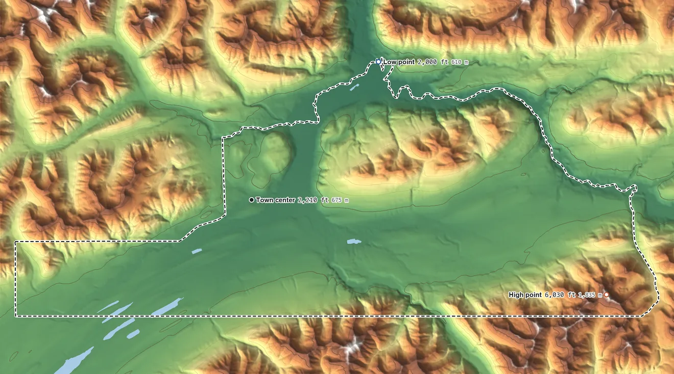Topographic elevation map of Cantwell, Alaska, shaded from 2,000 ft on the northeast side to 6,030 ft on the east side