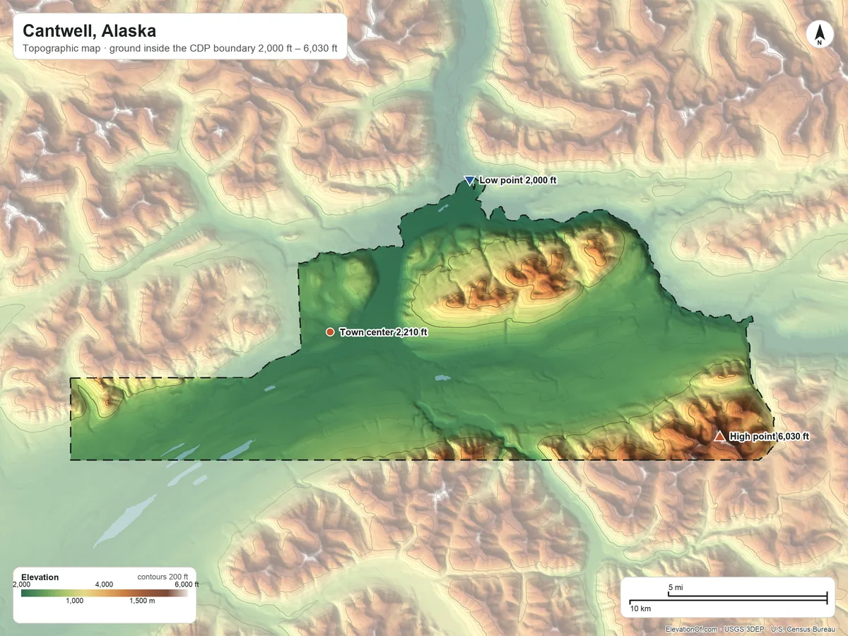 Topographic elevation map of Cantwell, Alaska, shaded from 2,000 ft on the northeast side to 6,030 ft on the east side