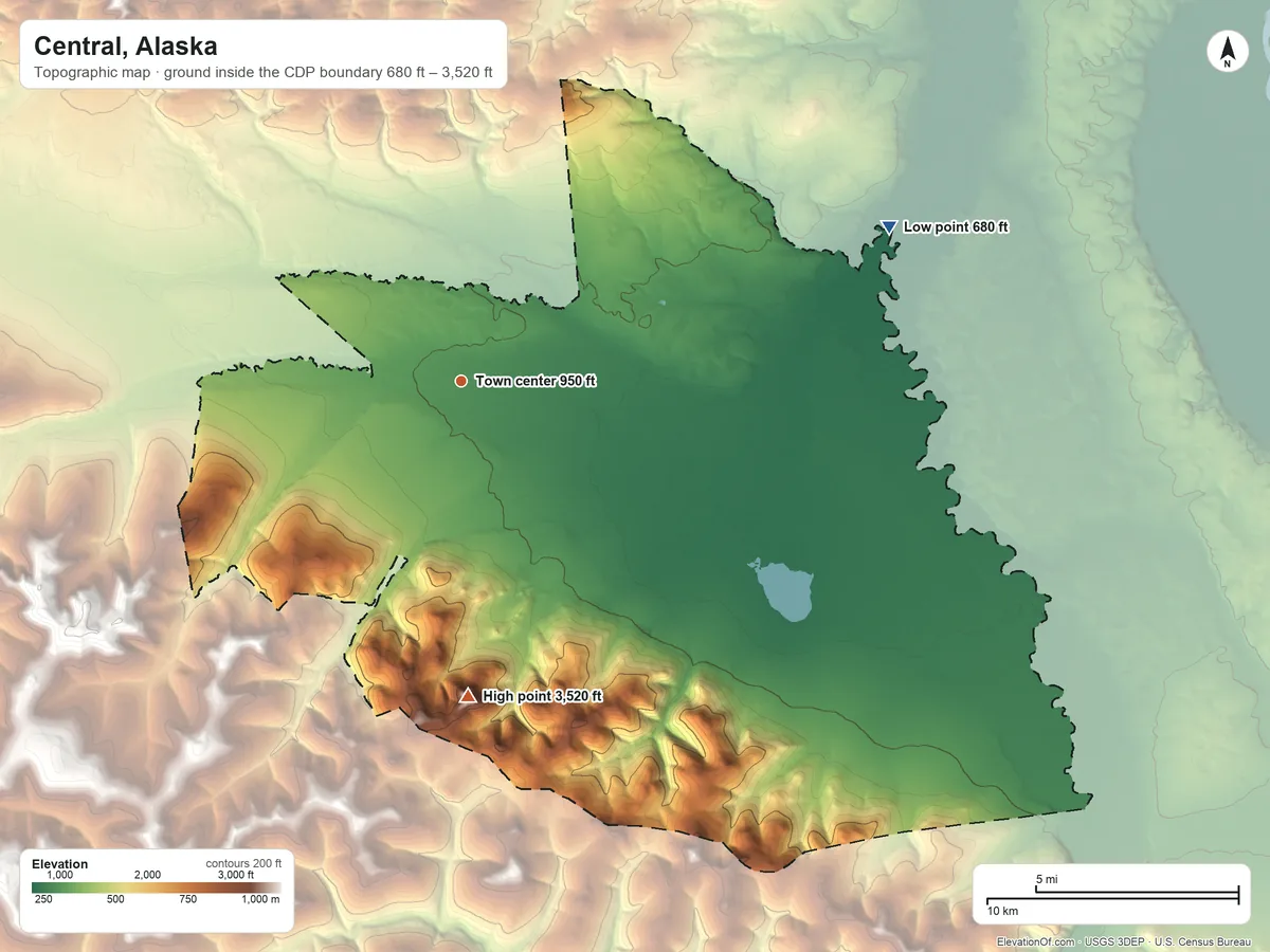 Topographic elevation map of Central, Alaska, shaded from 680 ft on the east side to 3,520 ft on Ketchem Dome