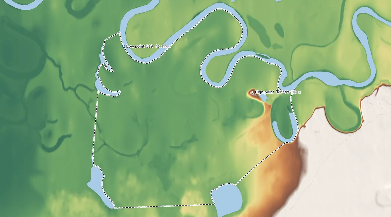 Topographic elevation map of Chalkyitsik, Alaska, shaded from 510 ft on the west side to 580 ft on Tsoktui Hill