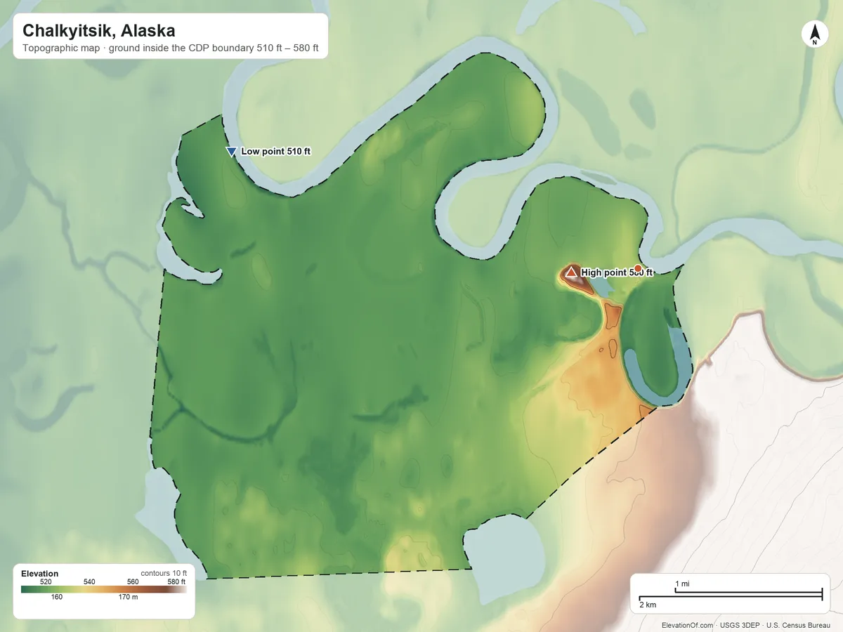 Topographic elevation map of Chalkyitsik, Alaska, shaded from 510 ft on the west side to 580 ft on Tsoktui Hill