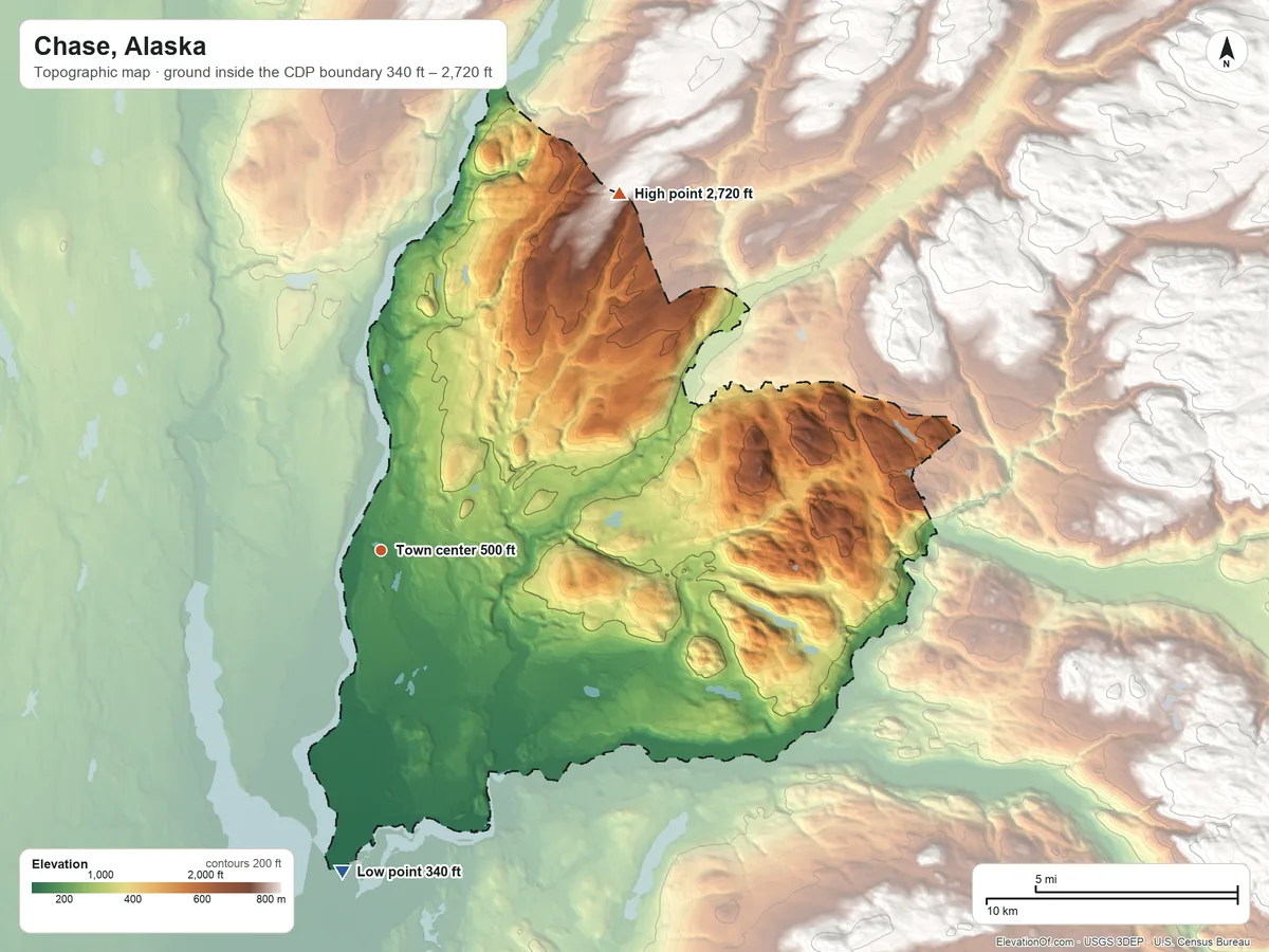 Topographic elevation map of Chase, Alaska, shaded from 340 ft on the south side to 2,720 ft on the northeast side