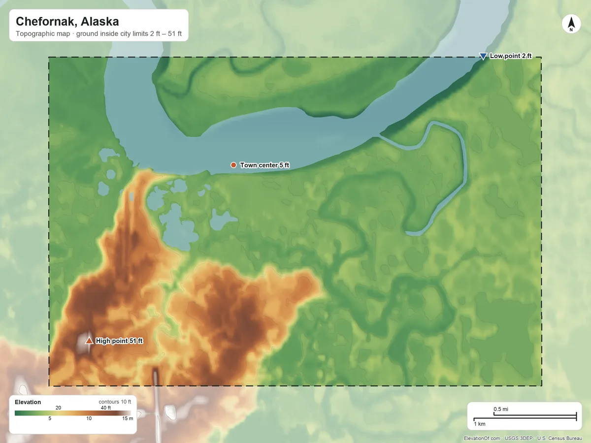 Topographic elevation map of Chefornak, Alaska, shaded from 2 ft on the northeast side to 51 ft on the southwest side