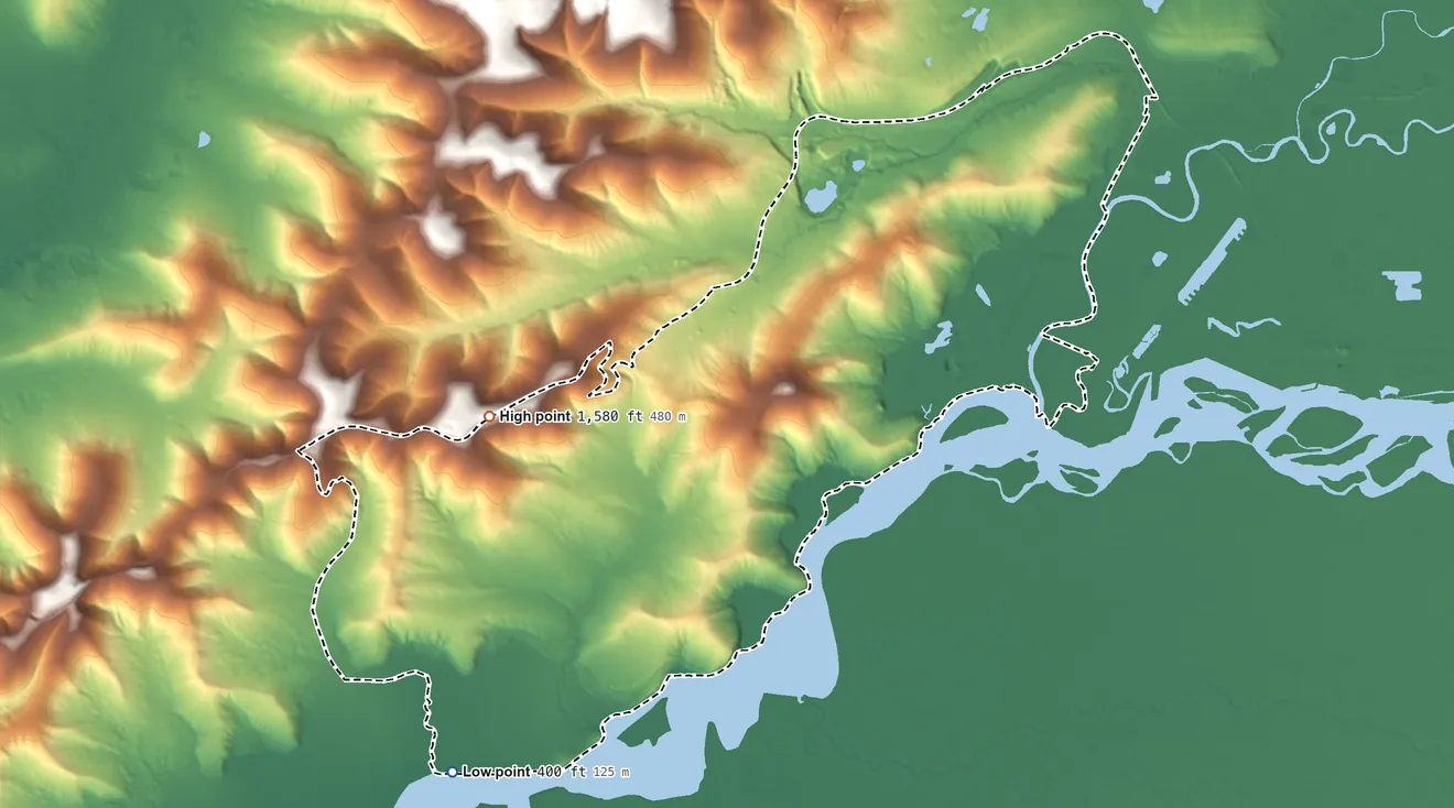 Topographic elevation map of Chena Ridge, Alaska, shaded from 400 ft on the southwest side to 1,580 ft on the west side