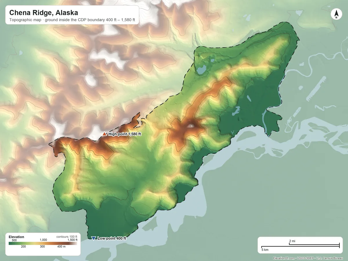 Topographic elevation map of Chena Ridge, Alaska, shaded from 400 ft on the southwest side to 1,580 ft on the west side