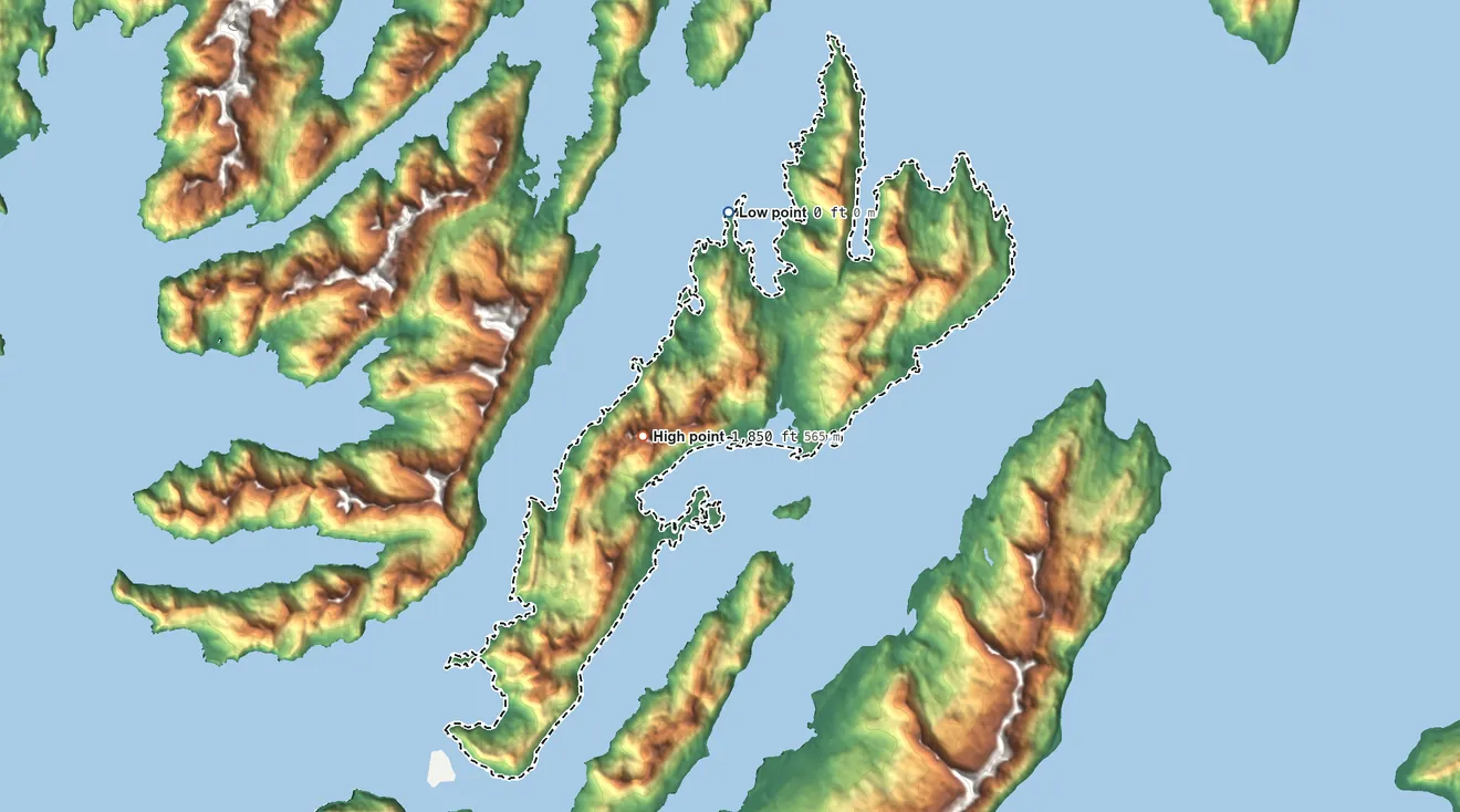 Topographic elevation map of Chenega, Alaska, shaded from sea level level on the Prince of Wales Passage to 1,850 ft on the southwest side