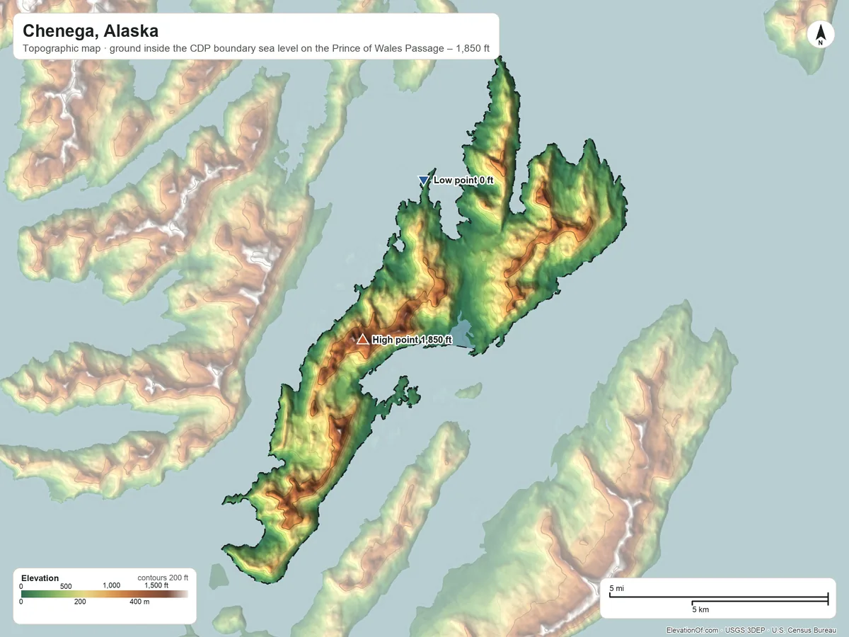 Topographic elevation map of Chenega, Alaska, shaded from sea level level on the Prince of Wales Passage to 1,850 ft on the southwest side