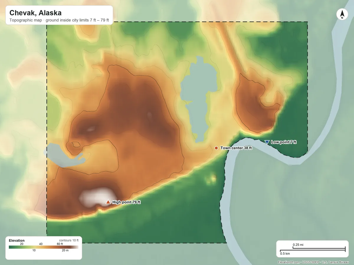 Topographic elevation map of Chevak, Alaska, shaded from 7 ft on the east side to 79 ft on the southwest side