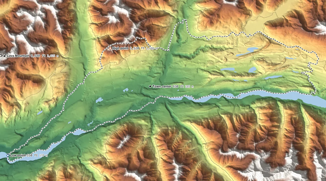 Topographic elevation map of Chickaloon, Alaska, shaded from 550 ft on the southwest side to 5,520 ft on the northwest edge, below higher ground just outside