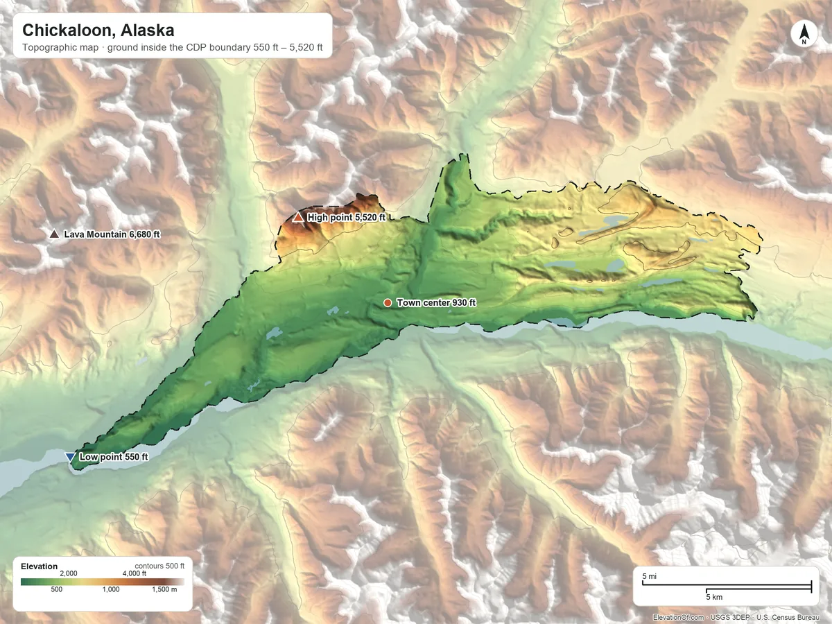 Topographic elevation map of Chickaloon, Alaska, shaded from 550 ft on the southwest side to 5,520 ft on the northwest edge, below higher ground just outside