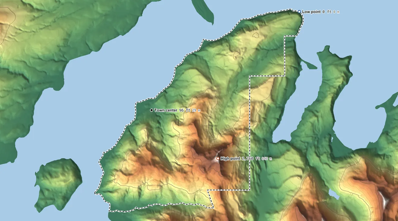 Topographic elevation map of Chignik Lagoon, Alaska, shaded from sea level level on Chignik Bay to 2,760 ft on the southeast side