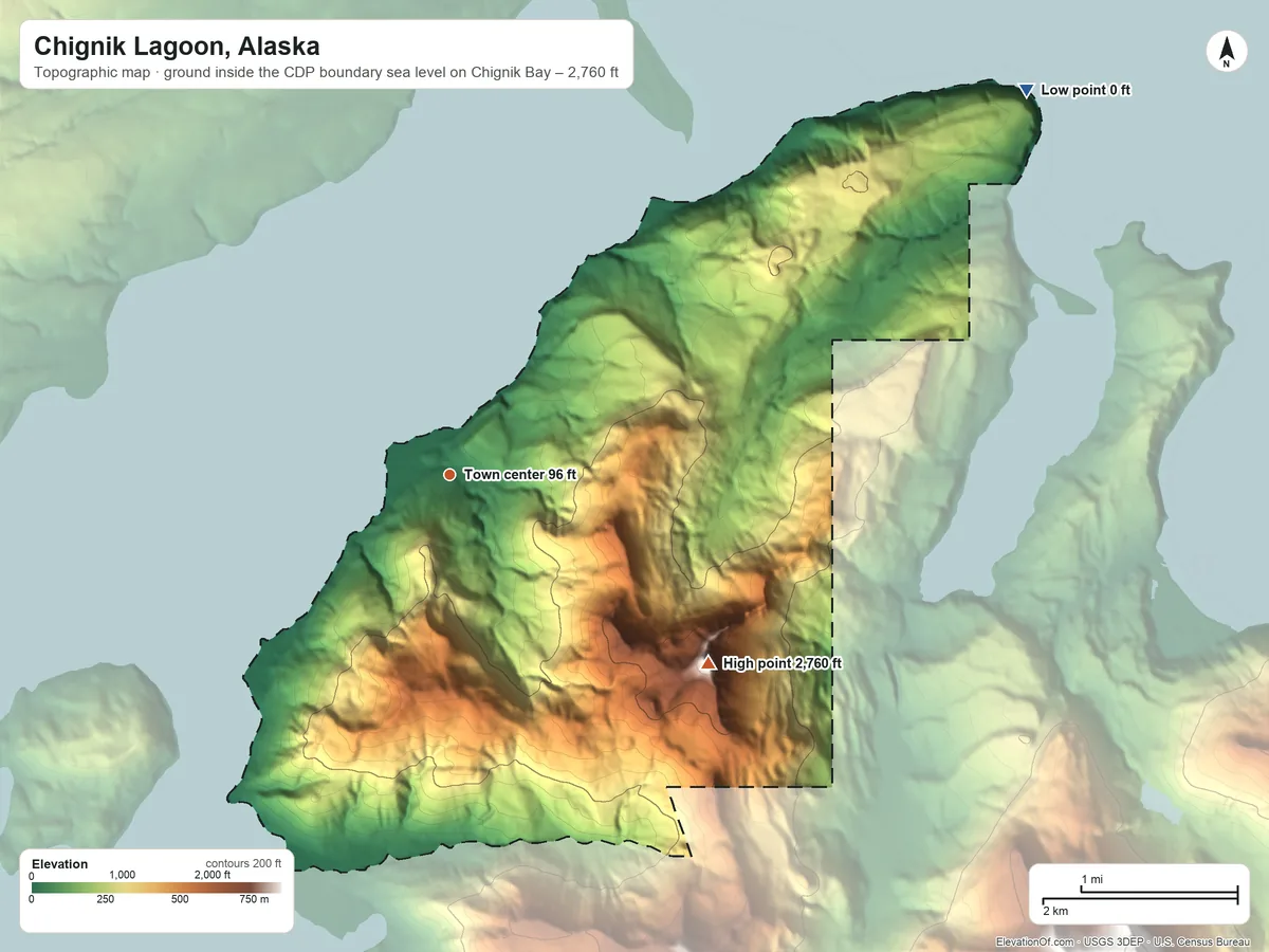 Topographic elevation map of Chignik Lagoon, Alaska, shaded from sea level level on Chignik Bay to 2,760 ft on the southeast side
