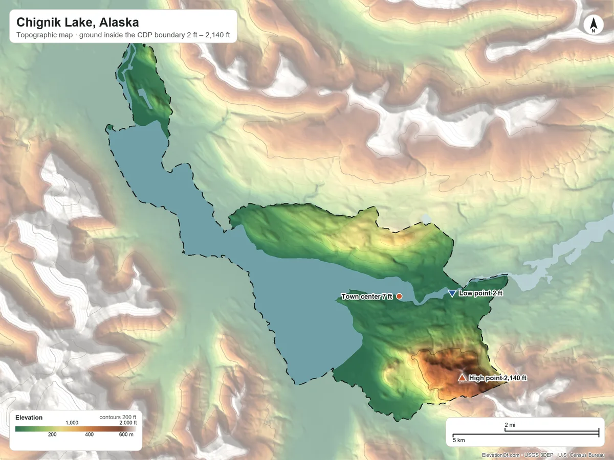 Topographic elevation map of Chignik Lake, Alaska, shaded from 2 ft near the middle to 2,140 ft on the southeast edge, below higher ground just outside
