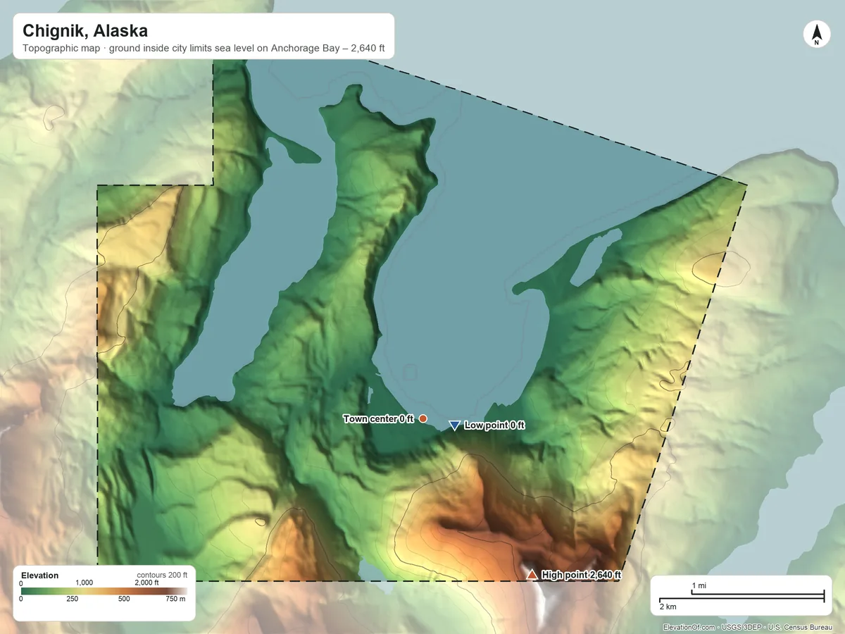 Topographic elevation map of Chignik, Alaska, shaded from sea level level on Anchorage Bay to 2,640 ft on the southeast edge, below higher ground just outside