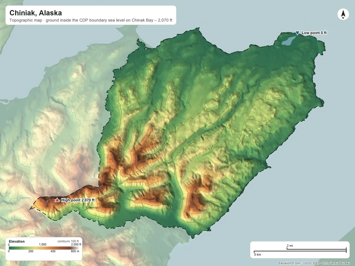 Topographic elevation map of Chiniak, Alaska, shaded from sea level level on Chinak Bay to 2,070 ft on the southwest side
