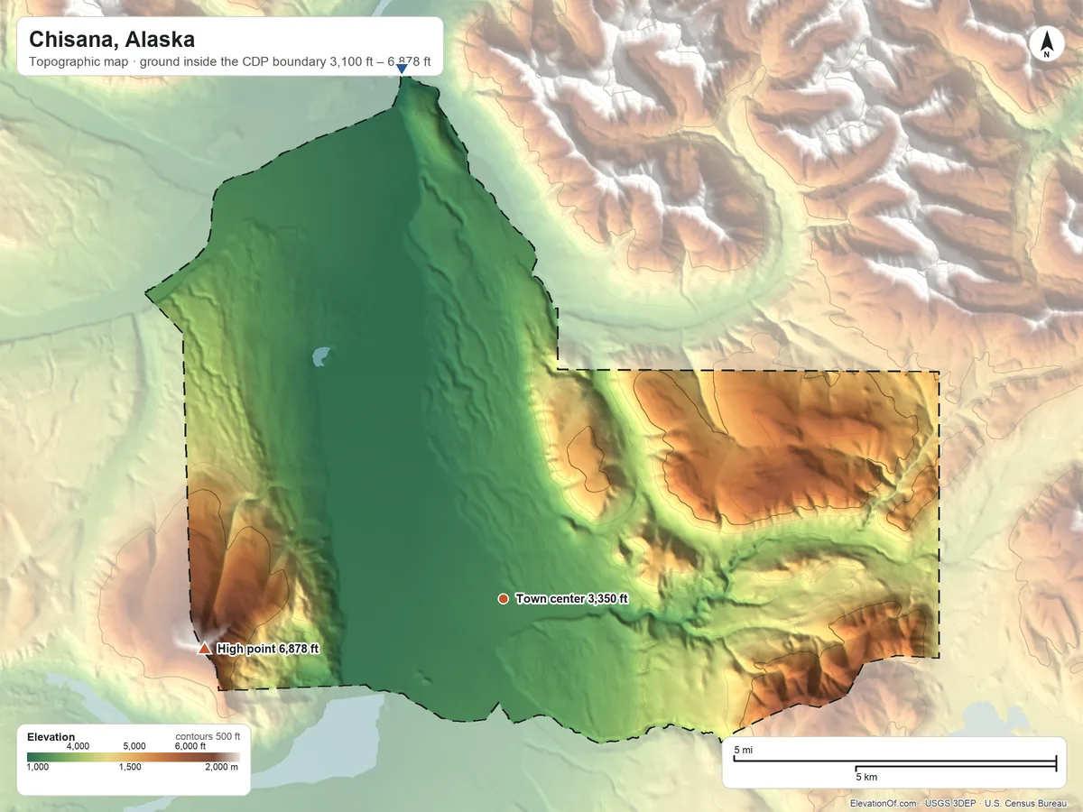 Topographic elevation map of Chisana, Alaska, shaded from 3,100 ft on the north side to 6,878 ft on Euchre Mountain