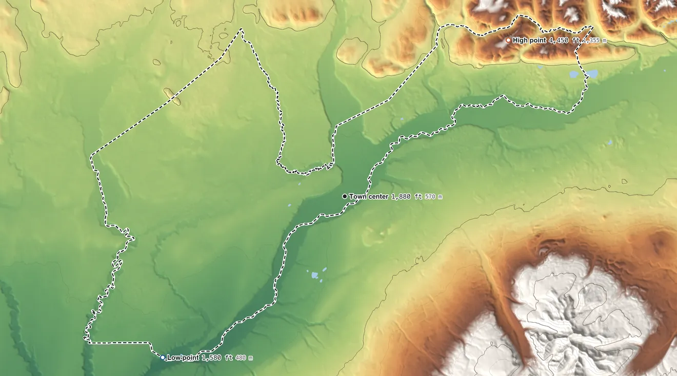 Topographic elevation map of Chistochina, Alaska, shaded from 1,580 ft on the southwest side to 4,450 ft on the northeast side