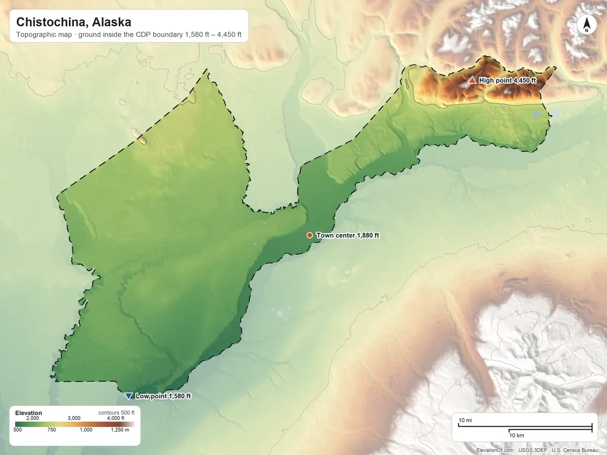 Topographic elevation map of Chistochina, Alaska, shaded from 1,580 ft on the southwest side to 4,450 ft on the northeast side