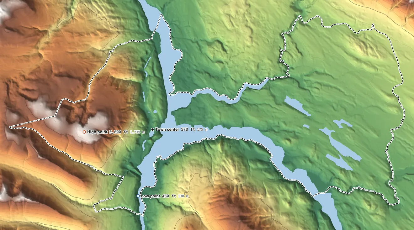 Topographic elevation map of Chitina, Alaska, shaded from 430 ft on the south side to 5,690 ft on the west side
