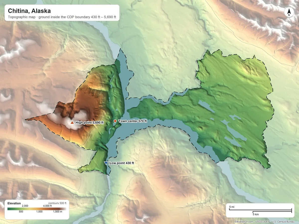 Topographic elevation map of Chitina, Alaska, shaded from 430 ft on the south side to 5,690 ft on the west side