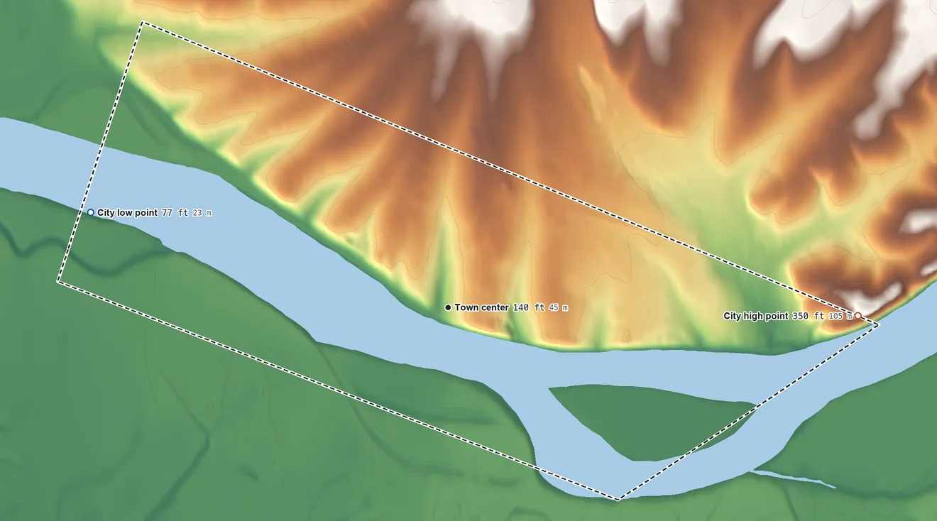Topographic elevation map of Chuathbaluk, Alaska, shaded from 77 ft on the west side to 350 ft on the east side