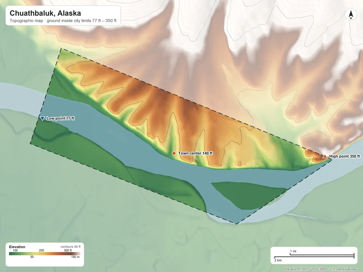 Topographic elevation map of Chuathbaluk, Alaska, shaded from 77 ft on the west side to 350 ft on the east side