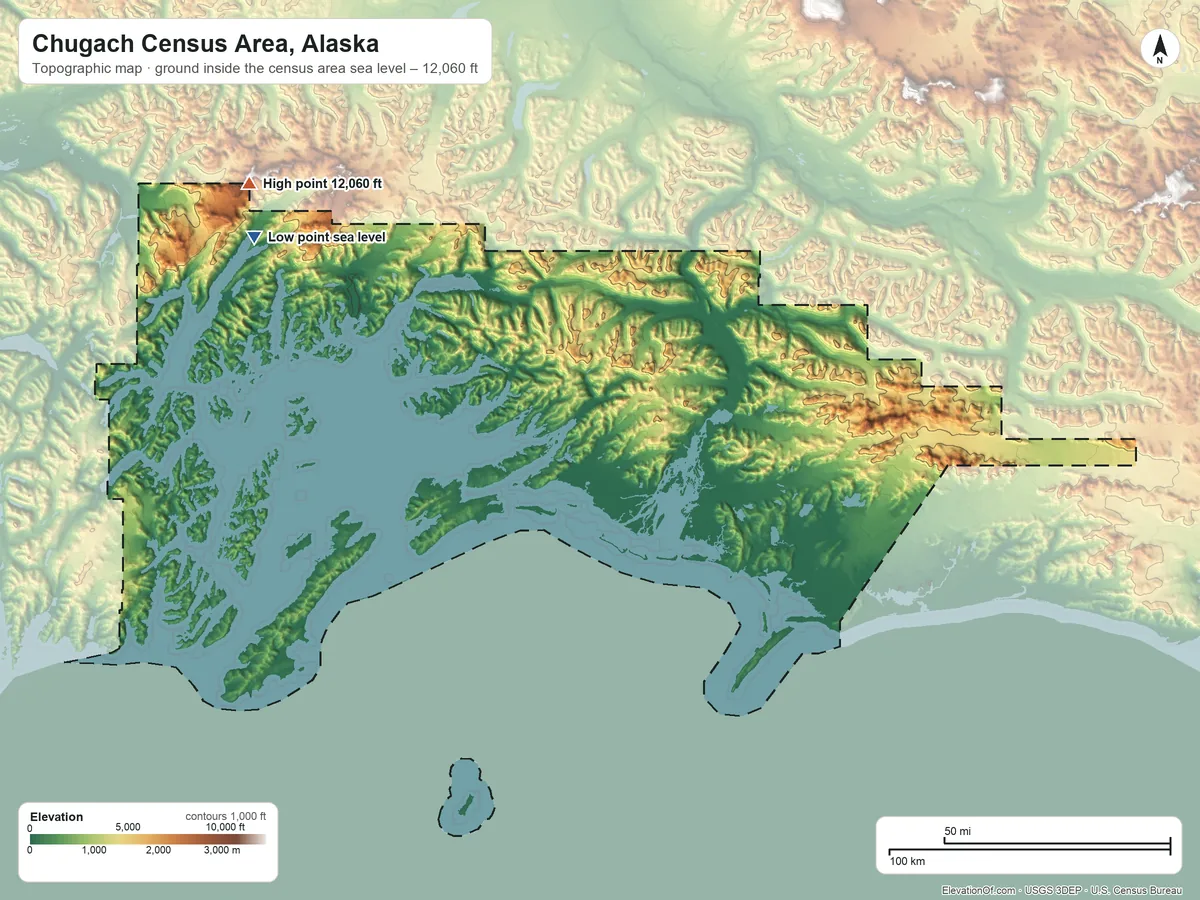 Topographic elevation map of Chugach Census Area, Alaska, shaded from sea level on the Harvard Arm to 12,060 ft on the northwest side