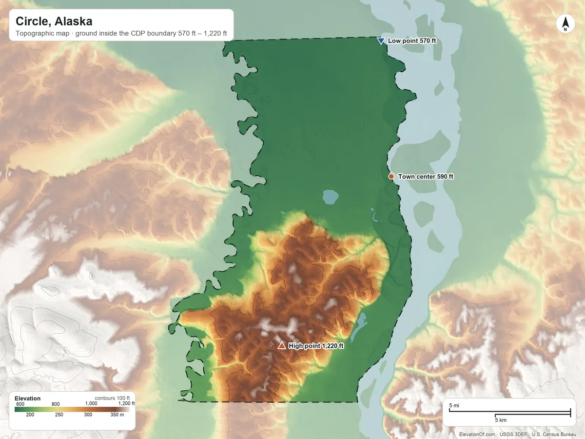Topographic elevation map of Circle, Alaska, shaded from 570 ft on the north side to 1,220 ft on the southwest side