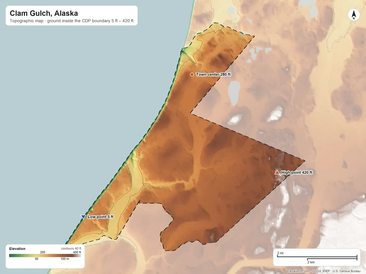 Topographic elevation map of Clam Gulch, Alaska, shaded from 5 ft on the southwest side to 420 ft on the southeast side