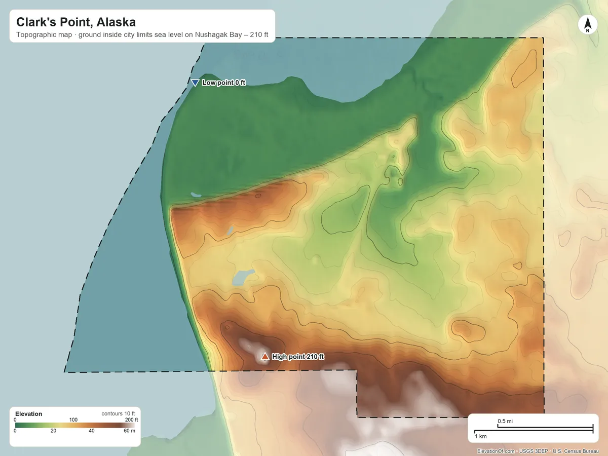 Topographic elevation map of Clark's Point, Alaska, shaded from sea level level on Nushagak Bay to 210 ft on the south side
