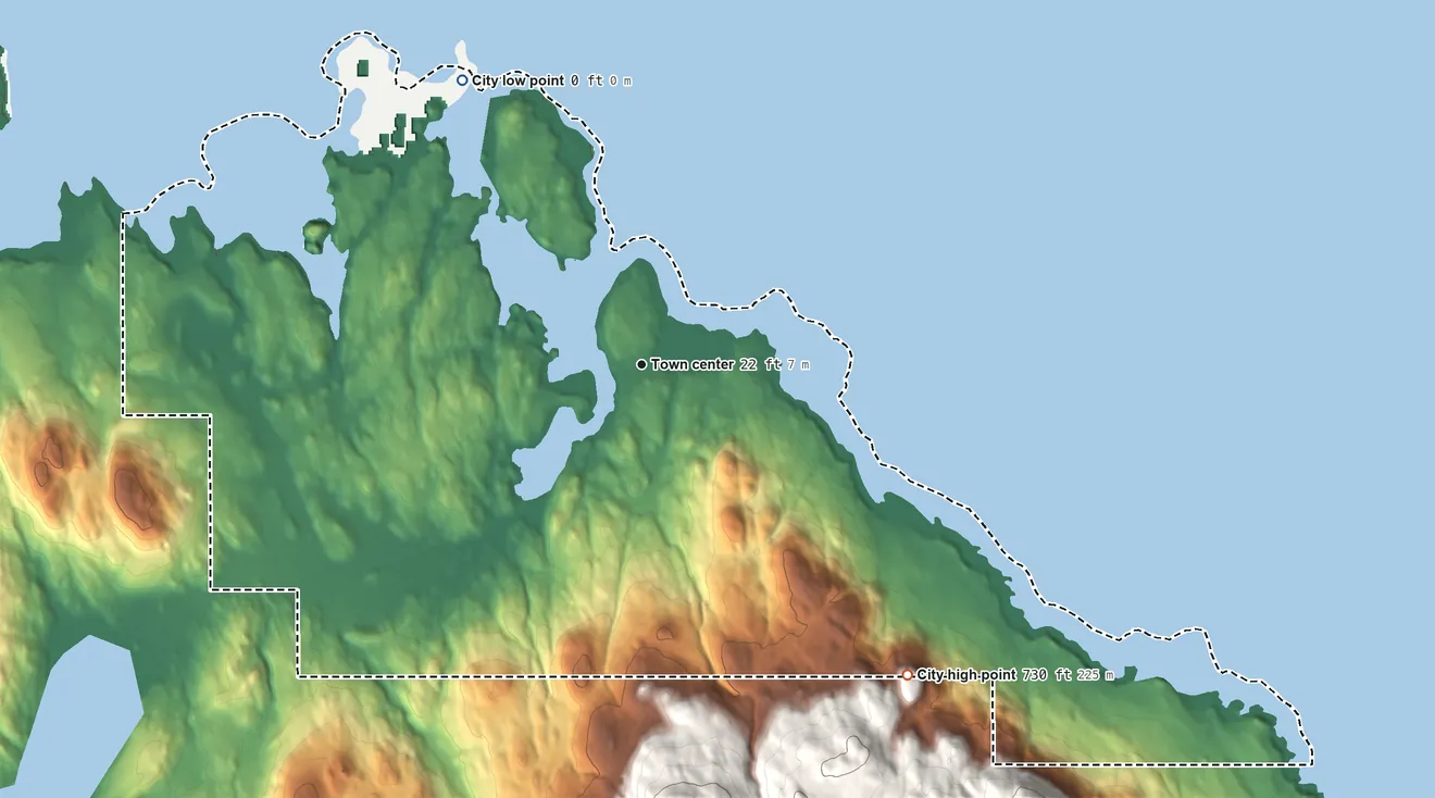 Topographic elevation map of Coffman Cove, Alaska, shaded from sea level level on Coffman Cove to 730 ft at the foot of the Keating Range