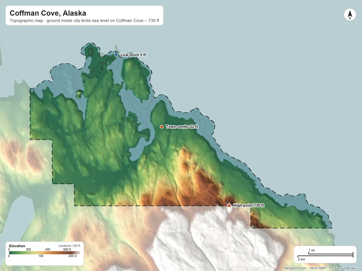 Topographic elevation map of Coffman Cove, Alaska, shaded from sea level level on Coffman Cove to 730 ft at the foot of the Keating Range