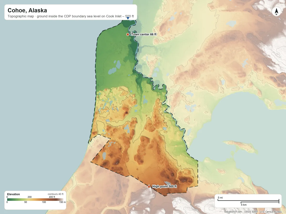 Topographic elevation map of Cohoe, Alaska, shaded from sea level level on Cook Inlet to 500 ft on the south side