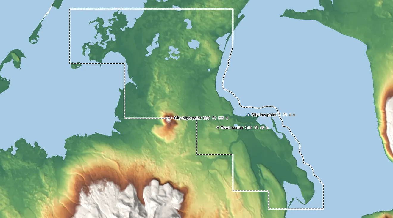 Topographic elevation map of Cold Bay, Alaska, shaded from sea level level on Cold Bay to 830 ft on the west edge, below higher ground just outside