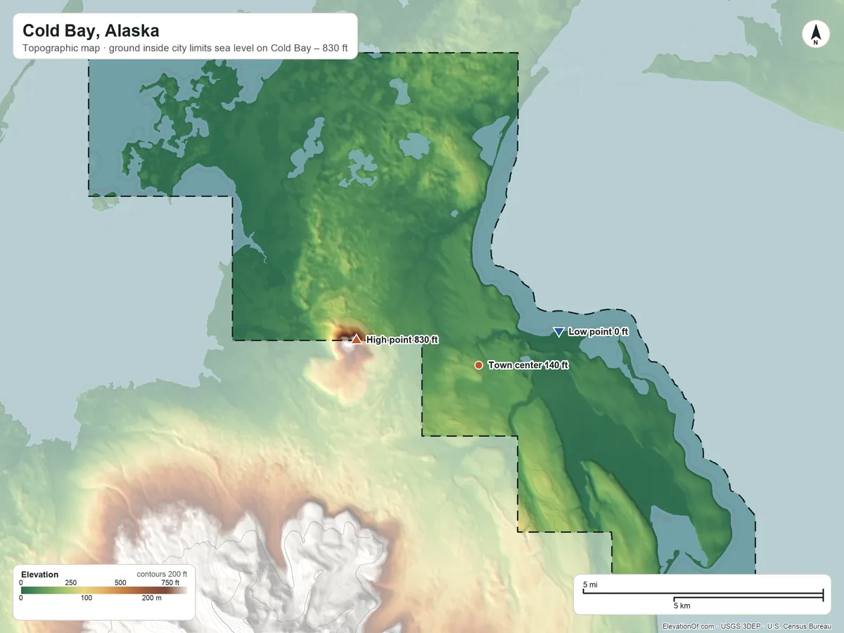 Topographic elevation map of Cold Bay, Alaska, shaded from sea level level on Cold Bay to 830 ft on the west edge, below higher ground just outside