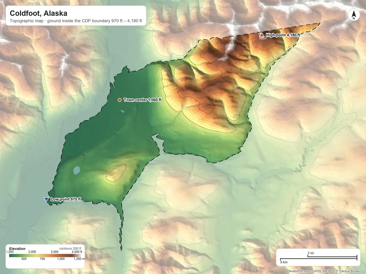 Topographic elevation map of Coldfoot, Alaska, shaded from 970 ft on the southwest side to 4,180 ft on the northeast edge, below higher ground just outside