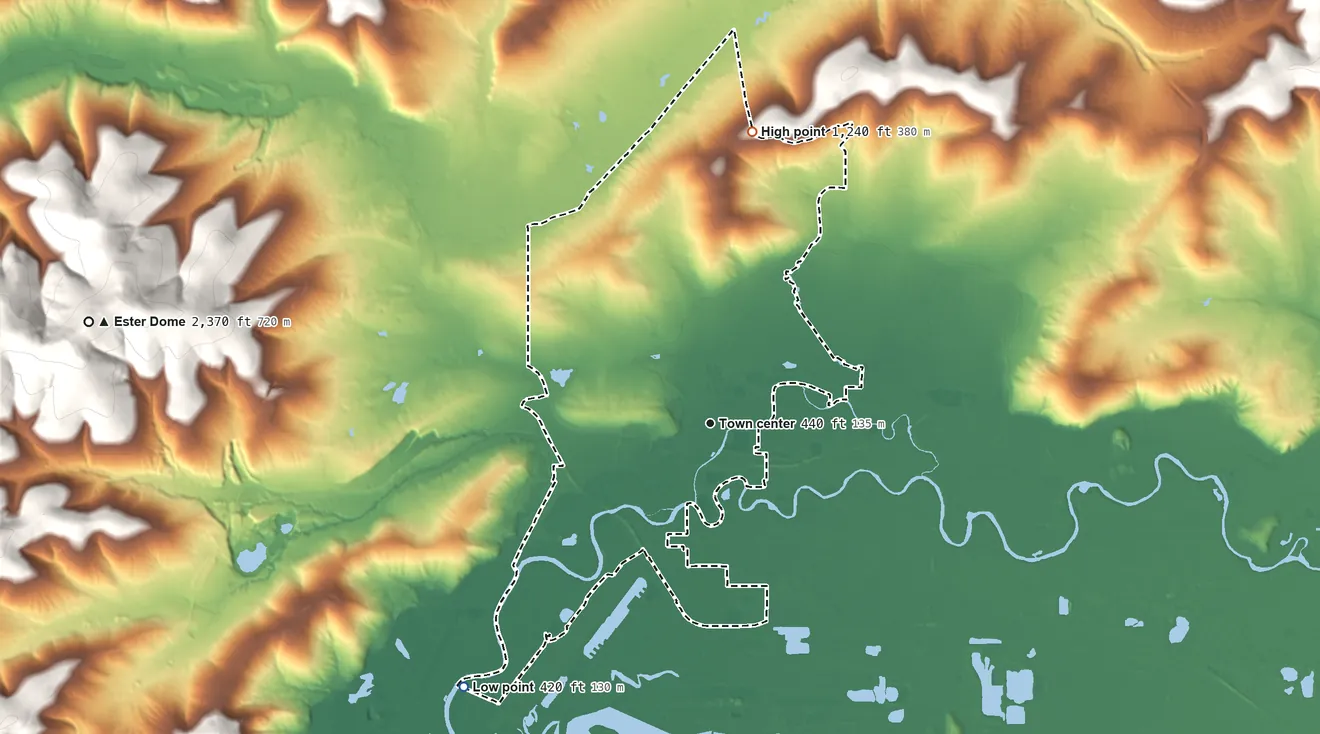 Topographic elevation map of College, Alaska, shaded from 420 ft on the southwest side to 1,240 ft on the north side