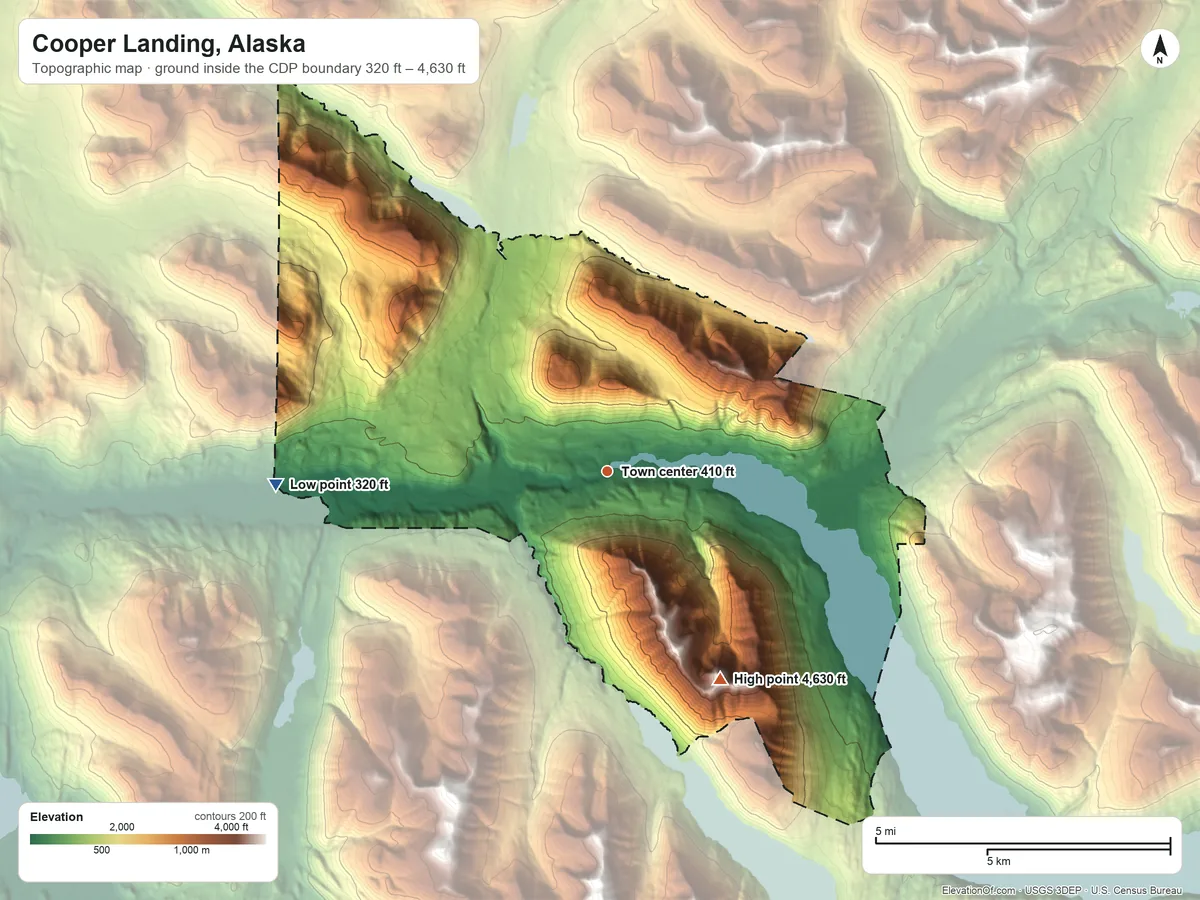 Topographic elevation map of Cooper Landing, Alaska, shaded from 320 ft on the west side to 4,630 ft on the southeast side