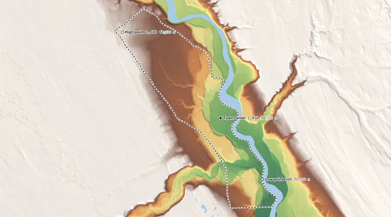 Topographic elevation map of Copper Center, Alaska, shaded from 980 ft on the southeast side to 1,400 ft on the northwest side
