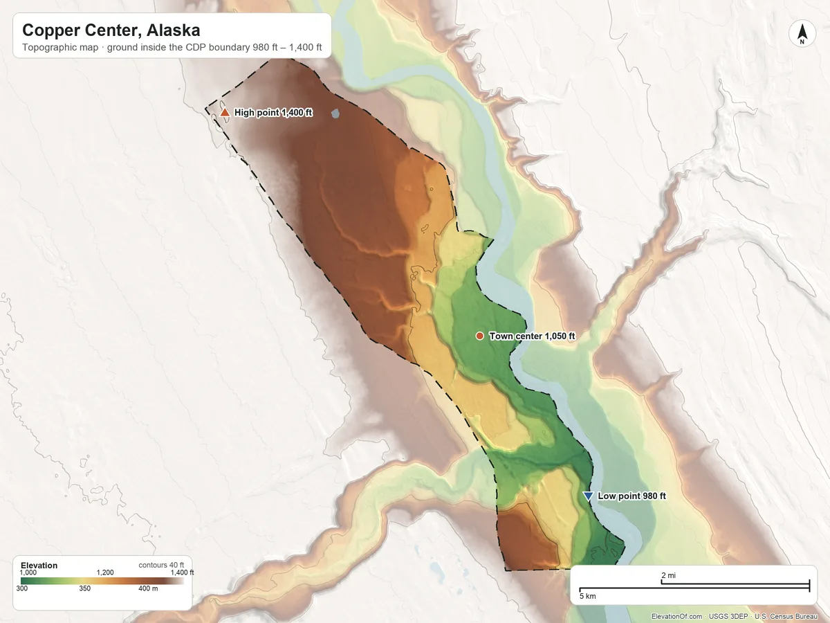 Topographic elevation map of Copper Center, Alaska, shaded from 980 ft on the southeast side to 1,400 ft on the northwest side