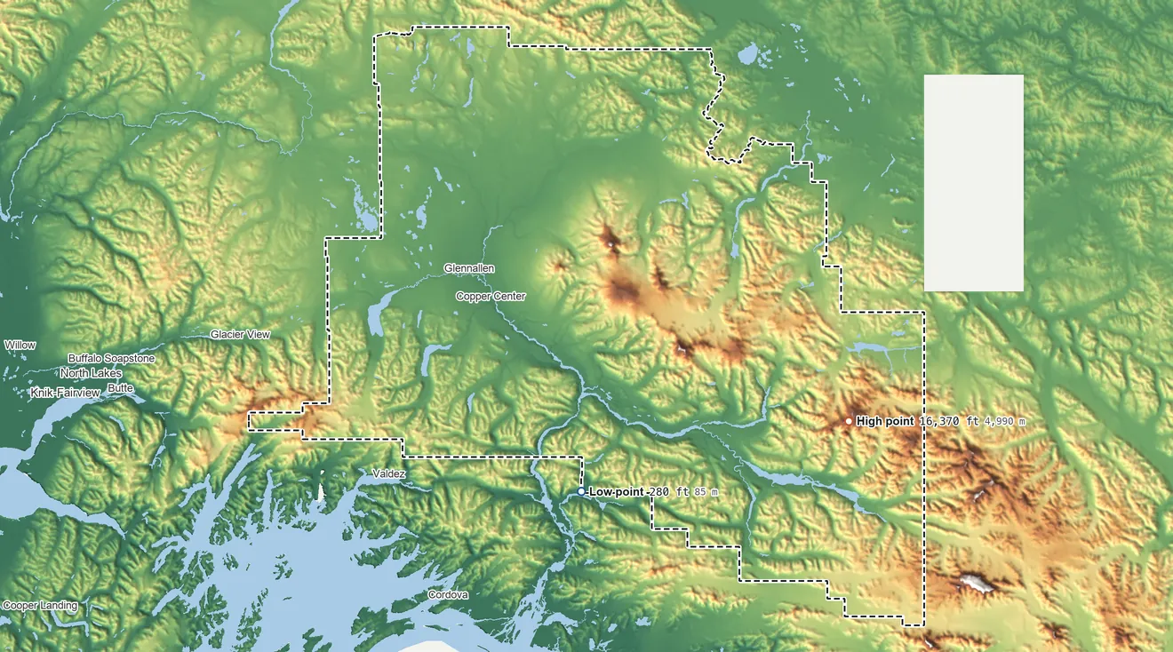 Topographic elevation map of Copper River Census Area, Alaska, shaded from 280 ft on the south side to 16,370 ft on Mount Bona