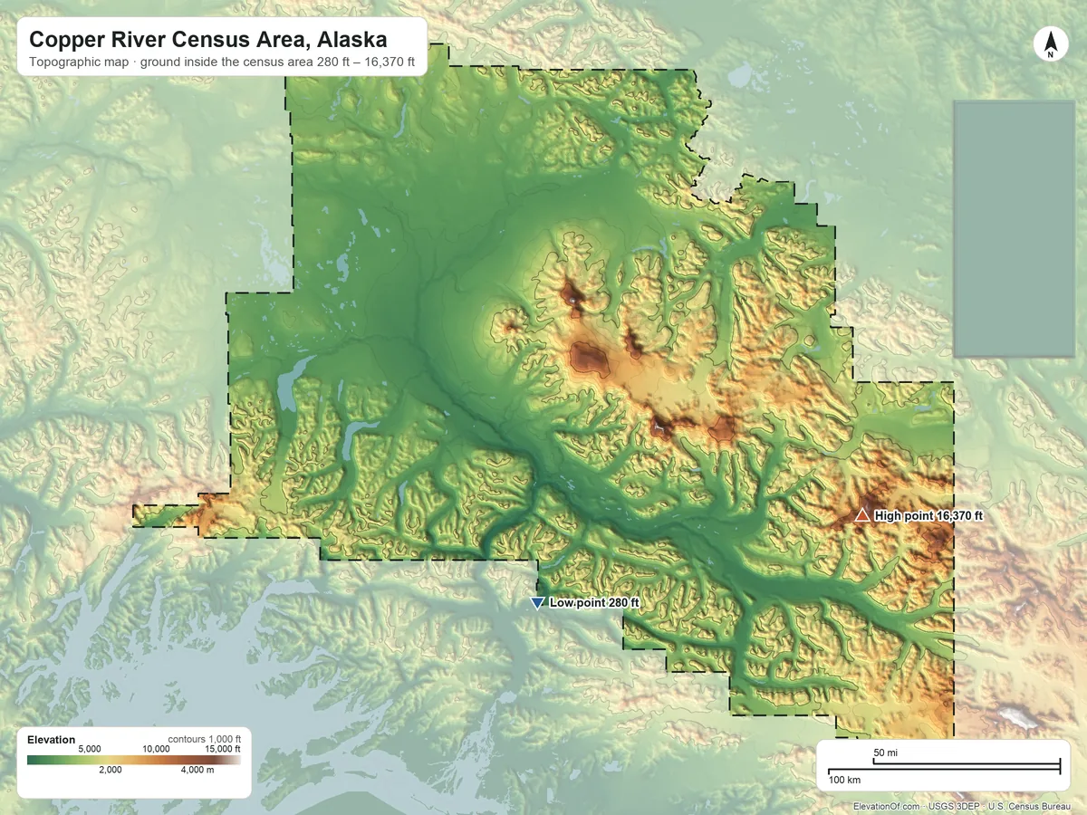 Topographic elevation map of Copper River Census Area, Alaska, shaded from 280 ft on the south side to 16,370 ft on Mount Bona