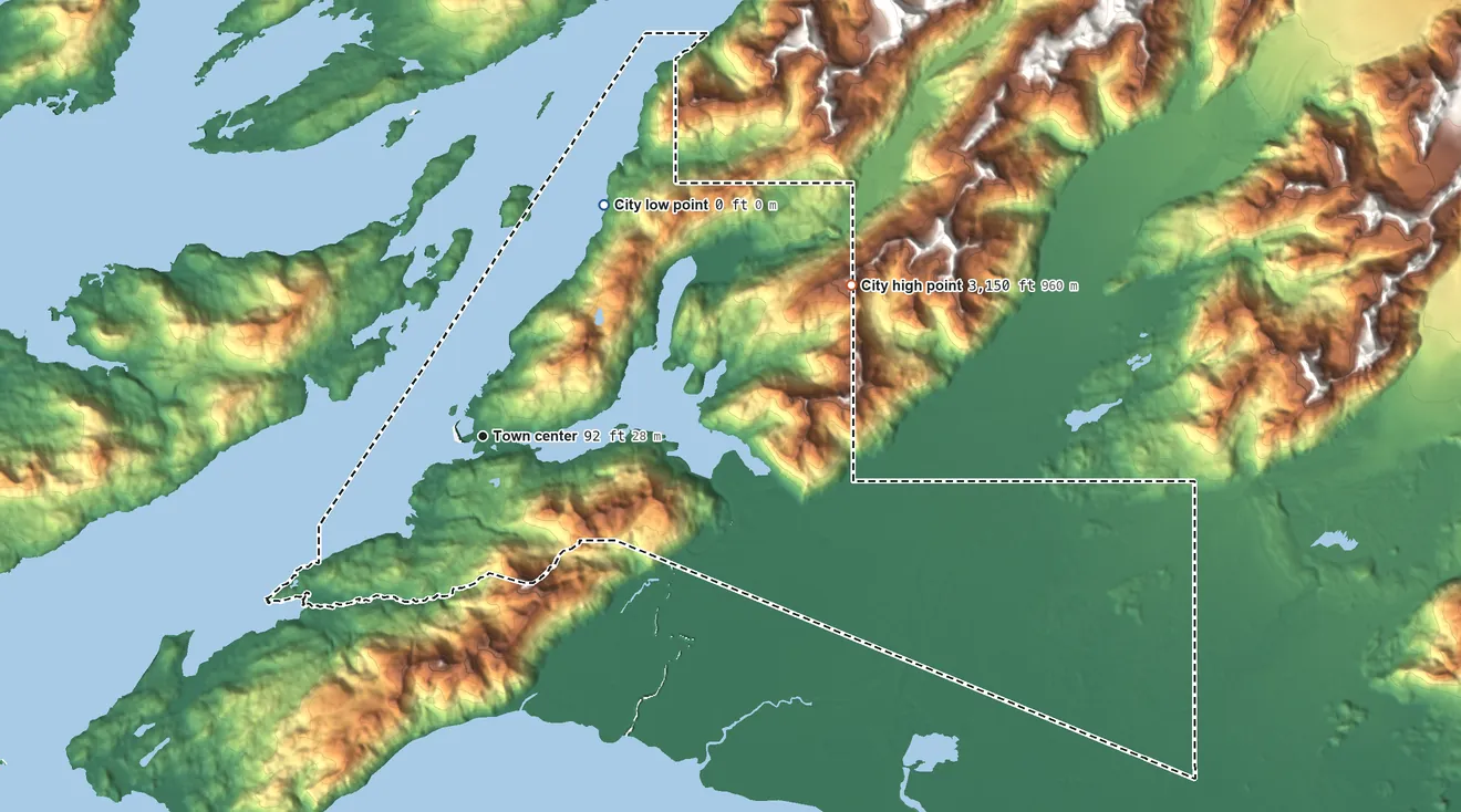 Topographic elevation map of Cordova, Alaska, shaded from sea level level on Orca Inlet to 3,150 ft at the foot of the Heney Range