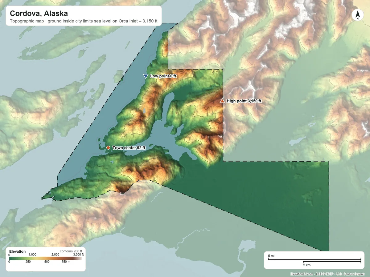 Topographic elevation map of Cordova, Alaska, shaded from sea level level on Orca Inlet to 3,150 ft at the foot of the Heney Range