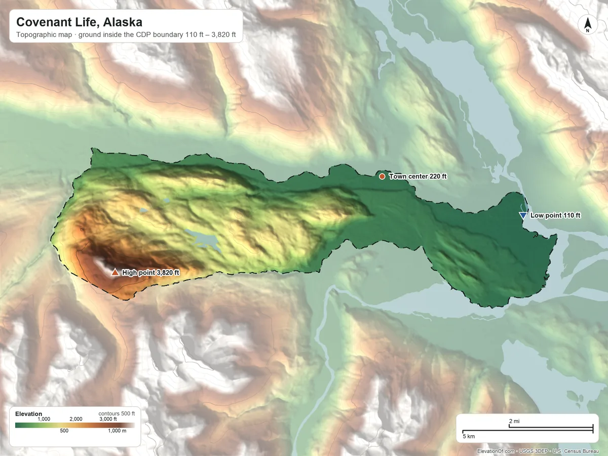Topographic elevation map of Covenant Life, Alaska, shaded from 110 ft on the east side to 3,820 ft at the foot of the Takhinsha Mountains