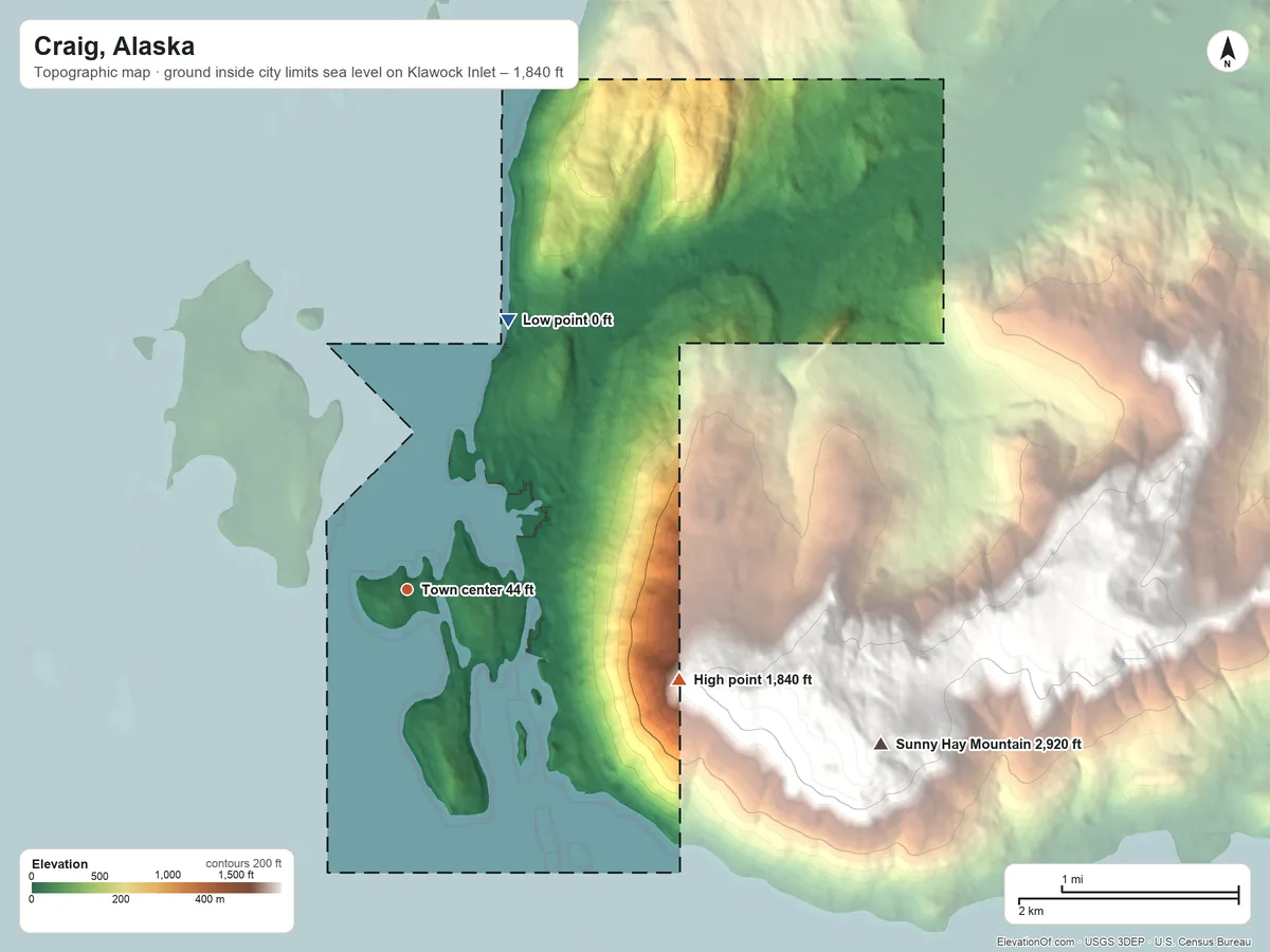 Topographic elevation map of Craig, Alaska, shaded from sea level level on Klawock Inlet to 1,840 ft on the east edge, below higher ground just outside
