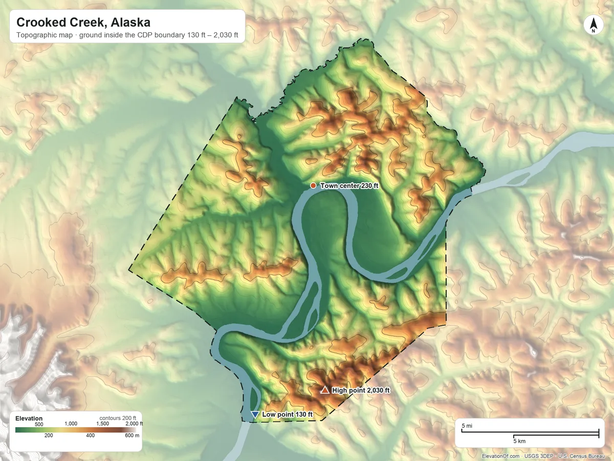 Topographic elevation map of Crooked Creek, Alaska, shaded from 130 ft on the south side to 2,030 ft on Canoe Mountain